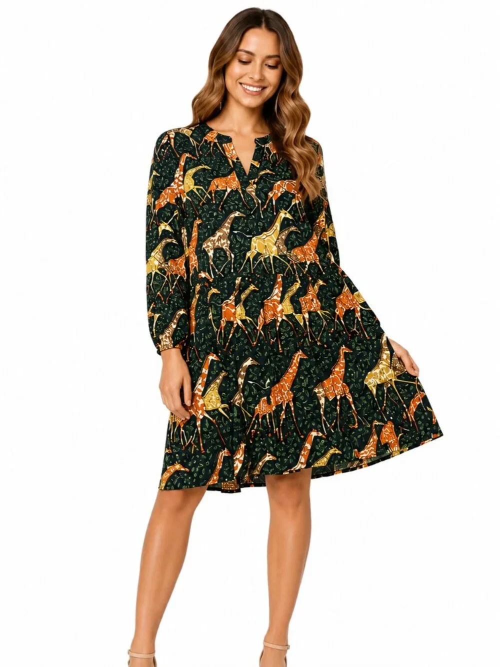 J.Crew Giraffe Print Mini Dress XS | Safari Animal Print Long Sleeve Swing Dress